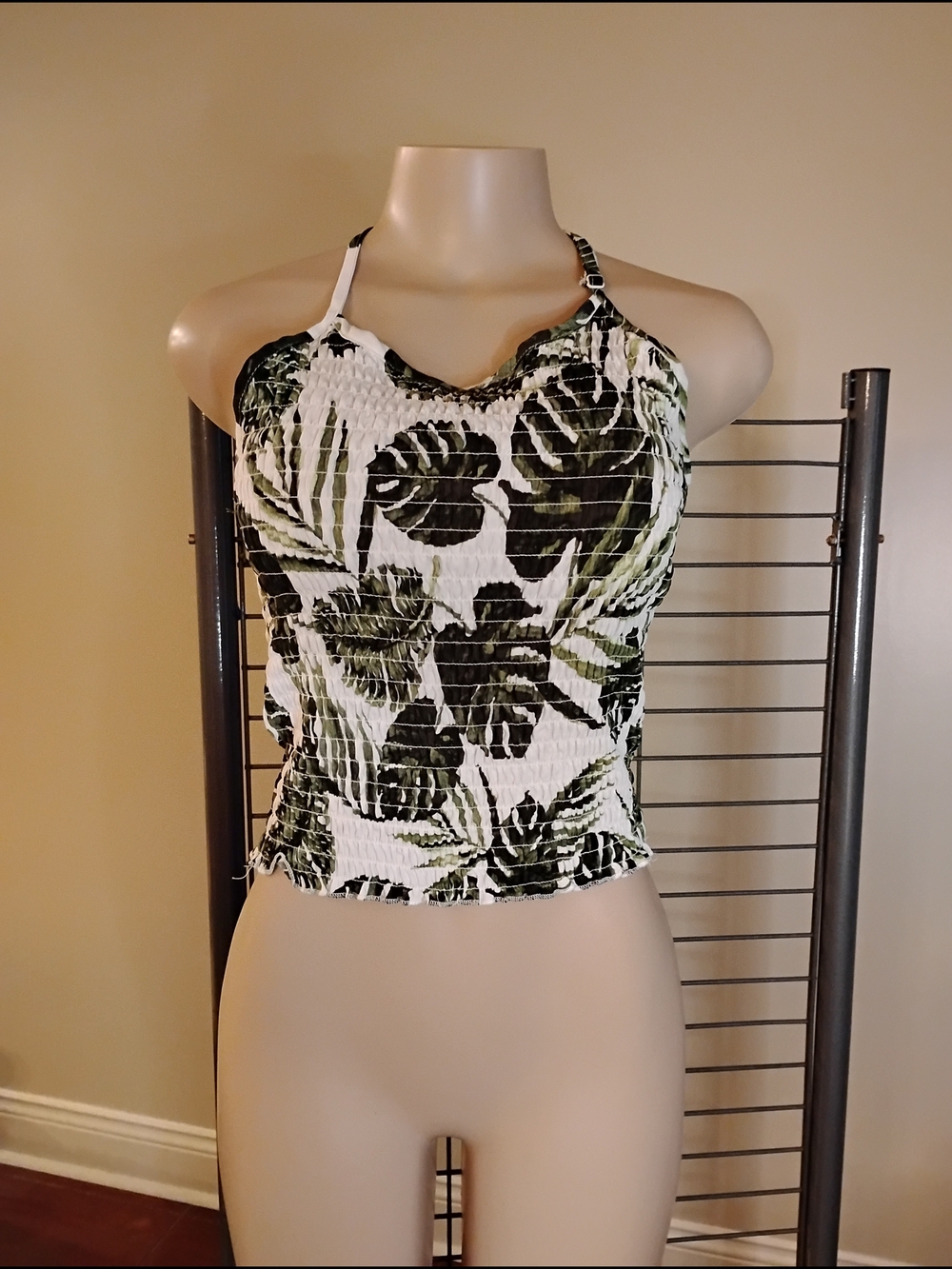 like an angel White &‎ Green Tropical Smocked Halter Crop Top